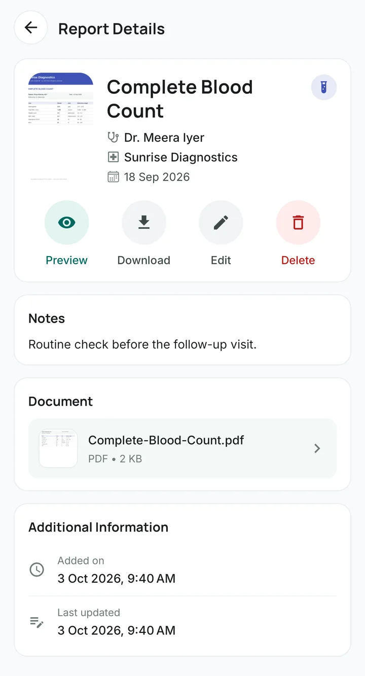 Report Details: document preview, doctor, lab and date, with Preview, Download, Edit and Delete