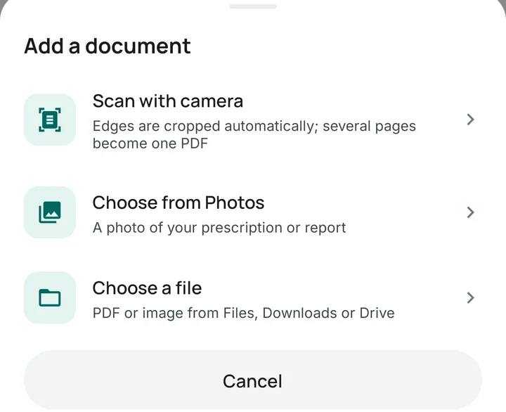 Add a document: Scan with camera, Choose from Photos, or Choose a file
